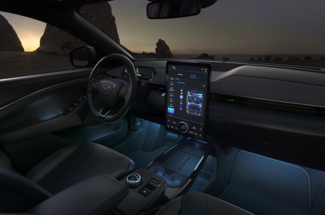 ford mustang mach-e electric crossover launch dashboard interior night