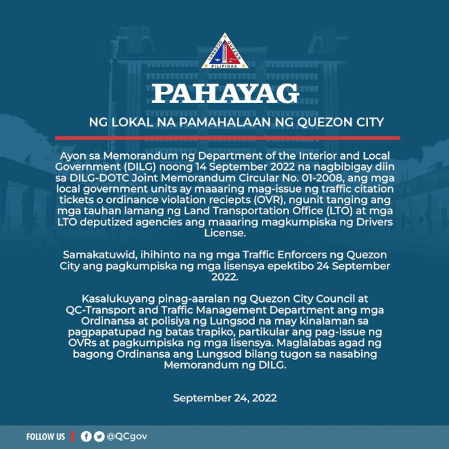 Quezon City honors DILG memo regarding the confiscation of licenses