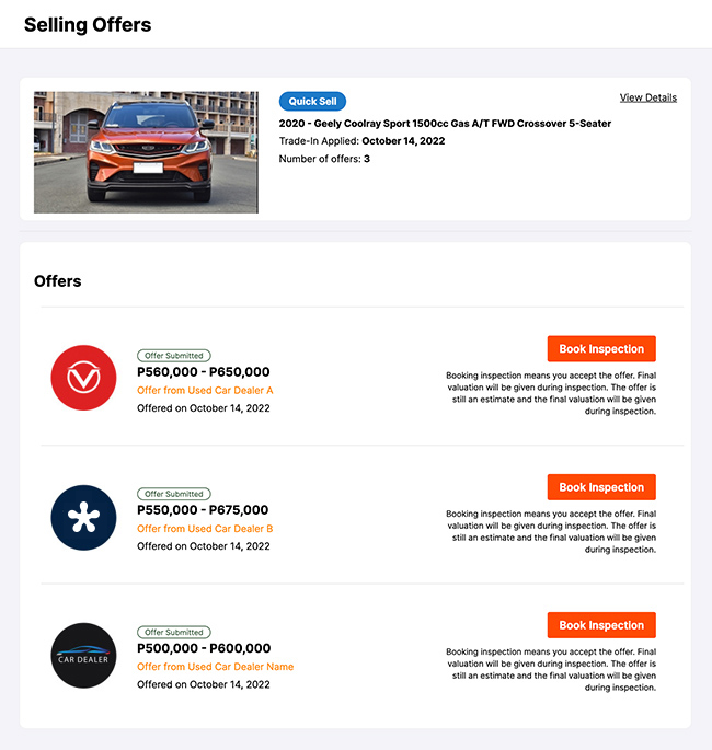 Quick sell dealership bids