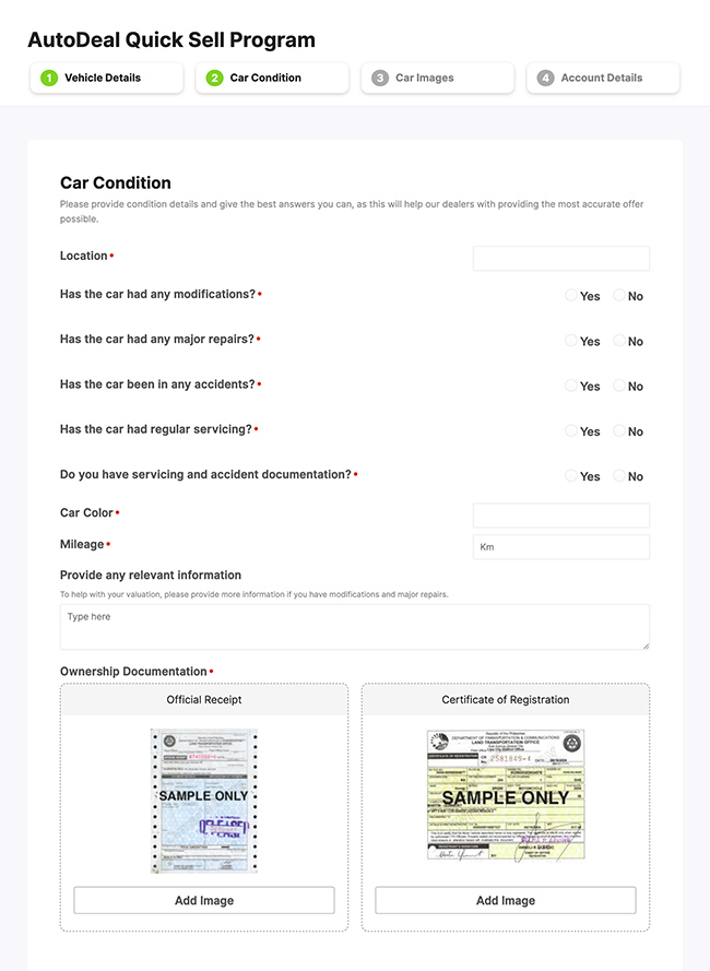 Quick sell questionnaire