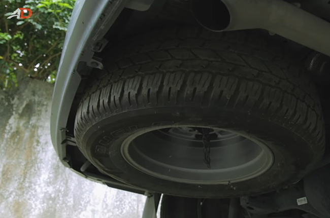 Spare tire underneath the car